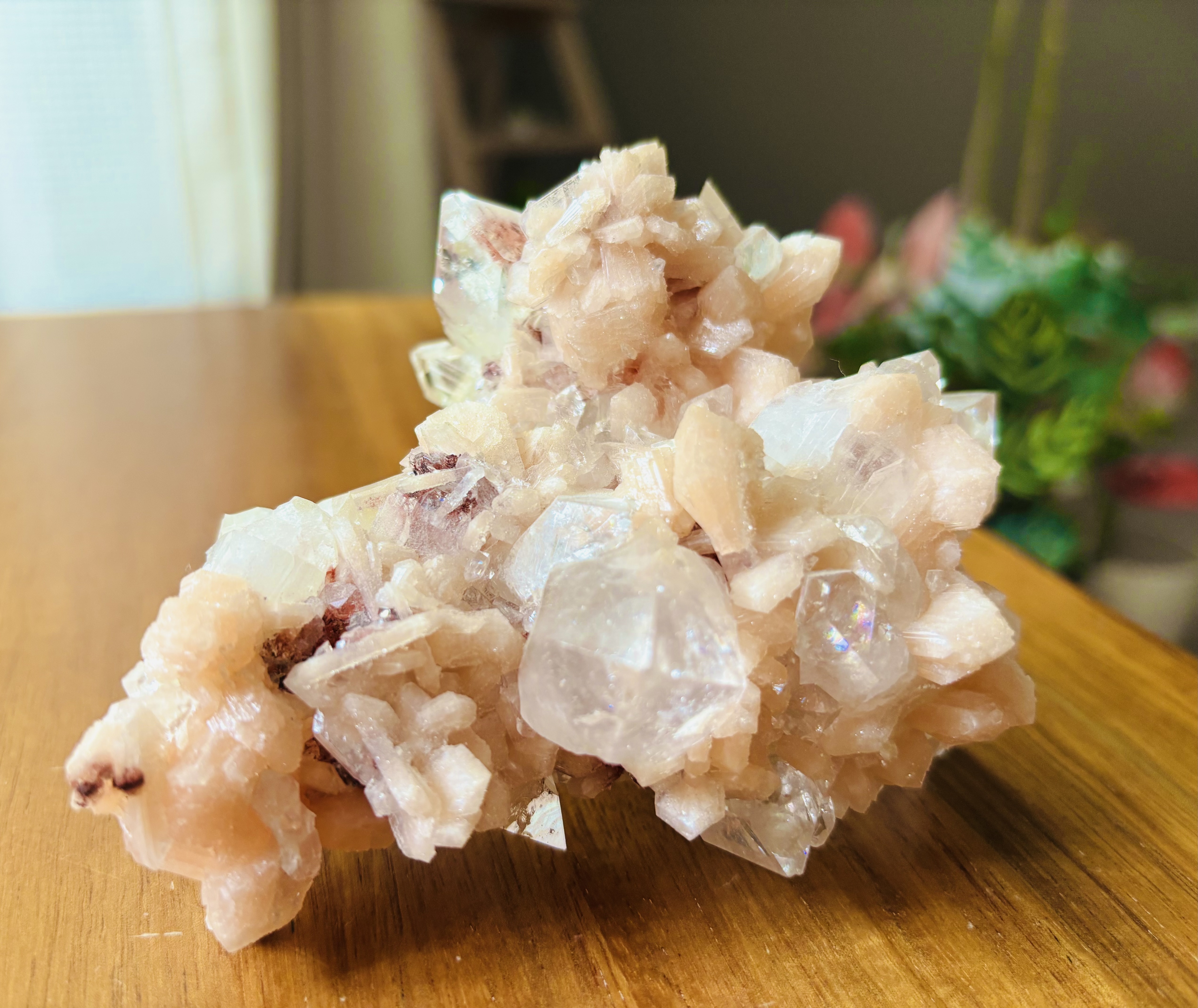 Clear Apophyllite with Peach-Pink Stilbite – Natural Crystal Specimen from India